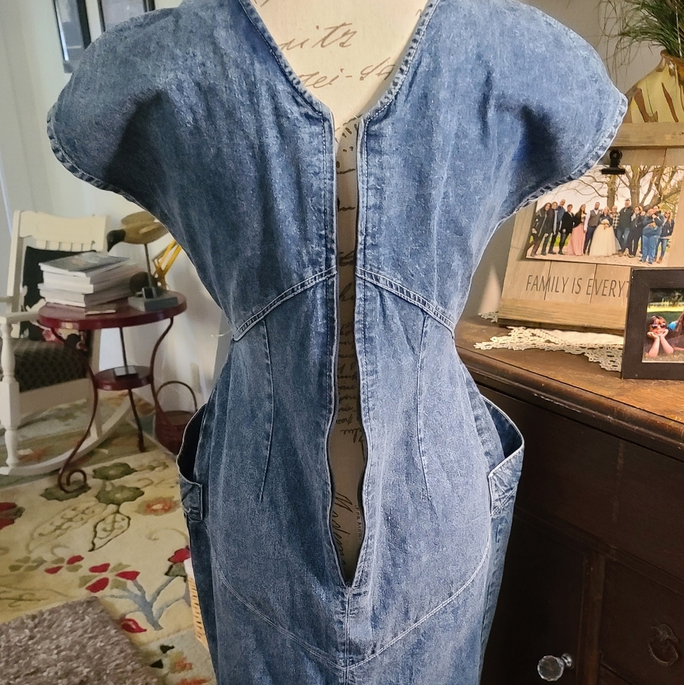 Vintage jean Dress 1990 pockets blue midi - Picture 4 of 15
